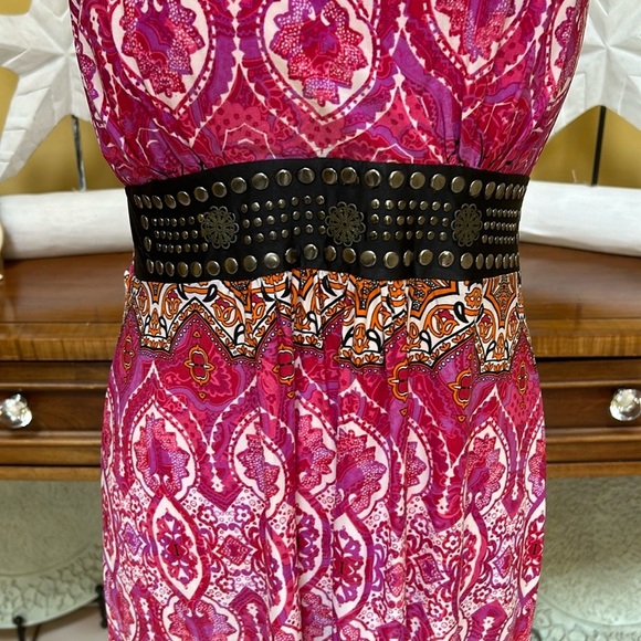 Mlle Gabrielle Women’s Sleeveless Pink Floral Boho Waist Studded Maxi Dress Med - Picture 4 of 12